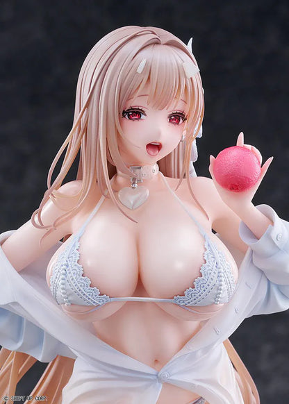 GODDESS OF VICTORY NIKKE Viper Shine of Love 1/7 Scale Figure with long hair, white beachwear-inspired outfit, apple accessory, and beach display base