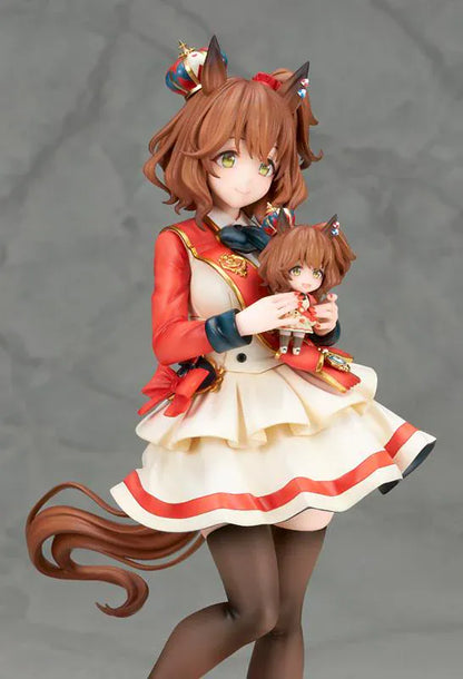 UmaMusume Pretty Derby Aston Machan 1/7 Scale Figure featuring Aston Machan with horse ears, short brown hair, red-and-cream outfit, plush doll accessory, and themed display base.