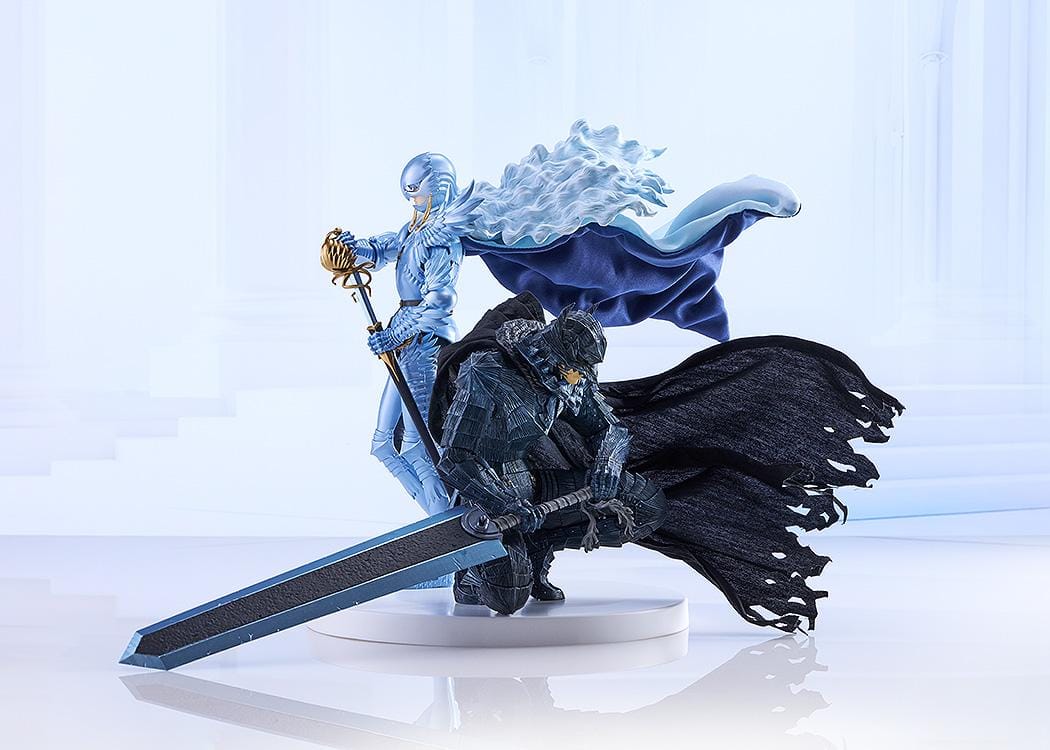 Berserk Guts and Griffith figure set, with Guts crouching in black armor holding a massive sword and Griffith standing in pale blue armor with flowing white hair.