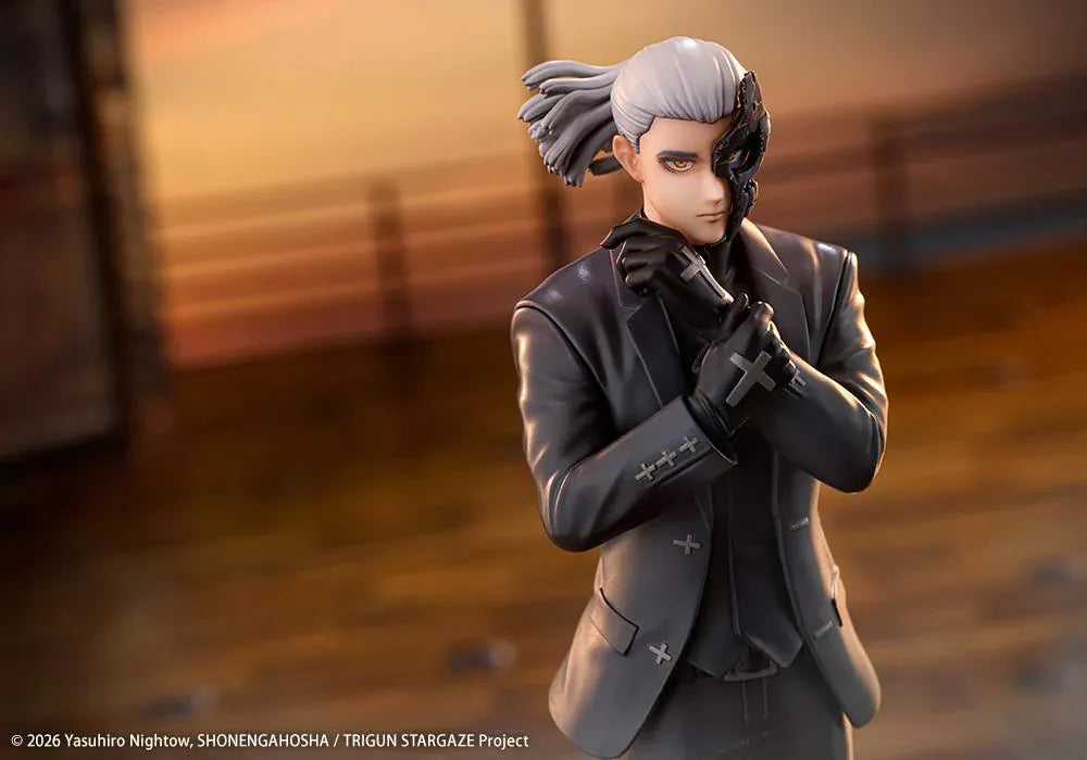 Trigun Stampede Oshi Works Livio the Double Fang Figure featuring Livio with silver hair, black suit, crossed-arm pose, stern expression, and display base.