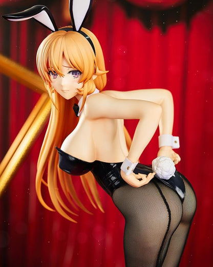 Erina Nakiri Bunny Ver. figure with long golden hair, purple eyes, black bunny ears and outfit, white cuffs, patterned tights, and black heels.