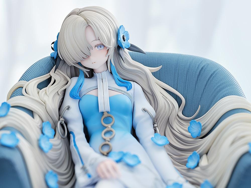 Isekaijoucho Universal Body Nemophila 1/7 scale figure sitting on blue chair with flowing silver hair and blue flower petals