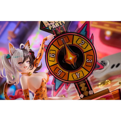 Astral Party Nancy Lu Special Edition 1/6 Scale Figure featuring a black and white-haired anime girl with purple eyes wearing an orange leopard-print bodysuit, animal ears, and a spotted tail, posed beside a colorful roulette wheel with matching illustrated bonuses.