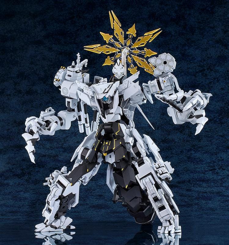 Blue Archive MODEROID Daath Model Kit featuring a white and black armored mecha design with gold effect parts and detailed mechanical styling