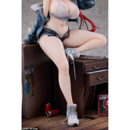 Goddess of Victory Nikke Red Hood Retro Days Deluxe Ver. 1/7 Scale Figure with long red hair, casual outfit, seated pose, and retro diorama base