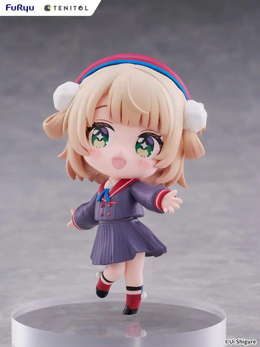 Ui Shigure Tenitol Mini Ui Shigure Figure with blonde hair, green eyes, earmuffs, school uniform outfit, cheerful pose, and round display base