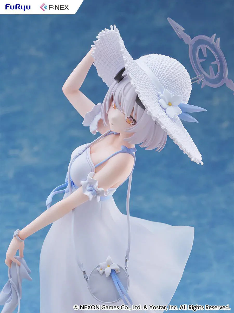 Blue Archive Sena Casual 1/7 Scale Figure featuring Sena with short silver hair, white dress, wide-brim hat, sandals in hand, and seaside-themed display base.