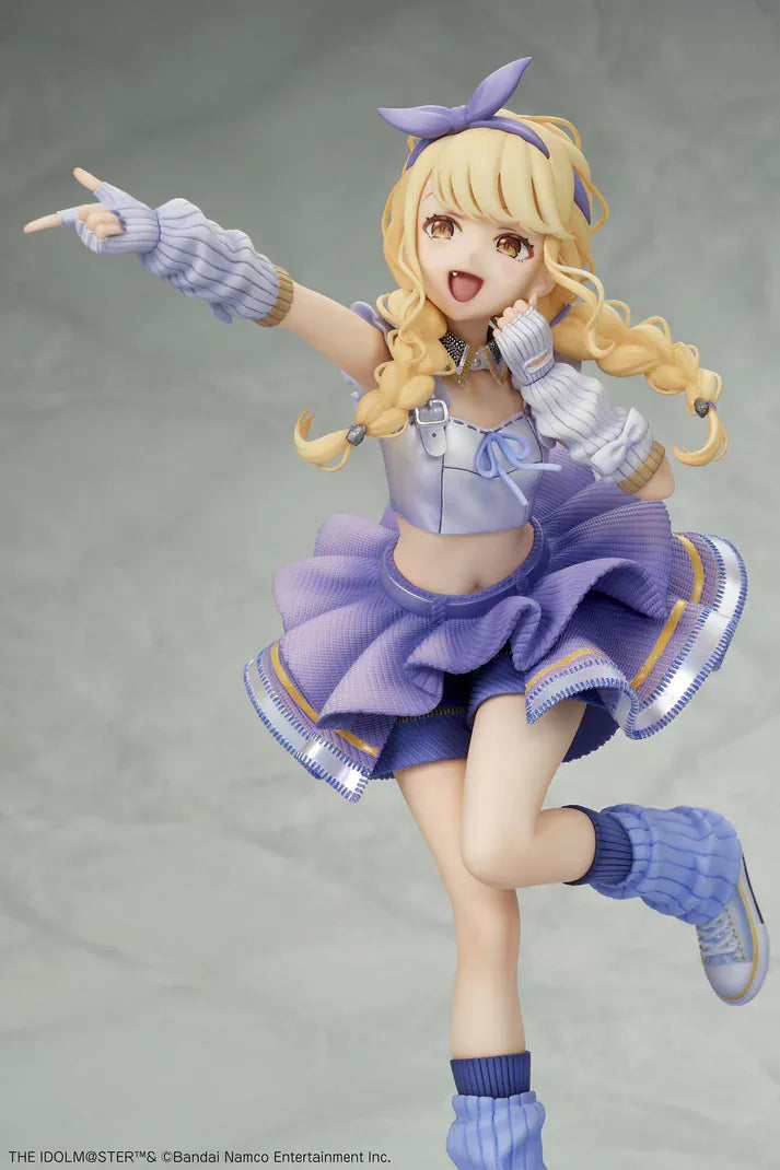The Idolmaster Gakuen Kotone Fujita Re;IRIS Ver. 1/7 Scale Figure featuring Kotone with blonde twin braids, purple idol outfit, leg warmers, and themed display base.
