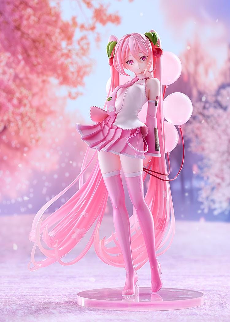 Sakura Miku figure with long pink twin-tails, cherry hair ornaments, a white and pink outfit, pink boots, and translucent balloons on a floral pink base.