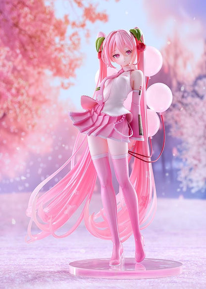 Sakura Miku figure with long pink twin-tails, cherry hair ornaments, a white and pink outfit, pink boots, and translucent balloons on a floral pink base.