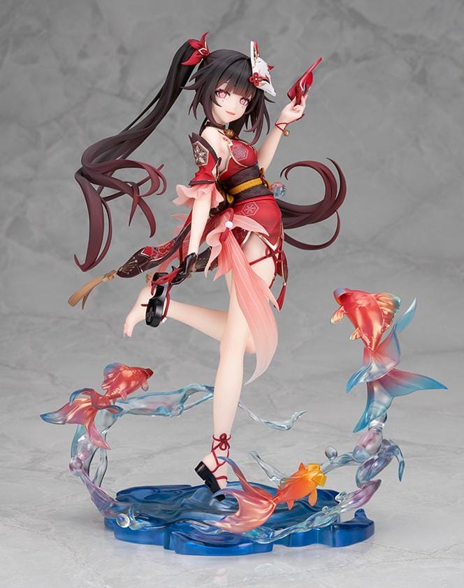 Honkai Star Rail Sparkle 1/7 scale figure in red and black outfit surrounded by translucent water effects and colorful goldfish
