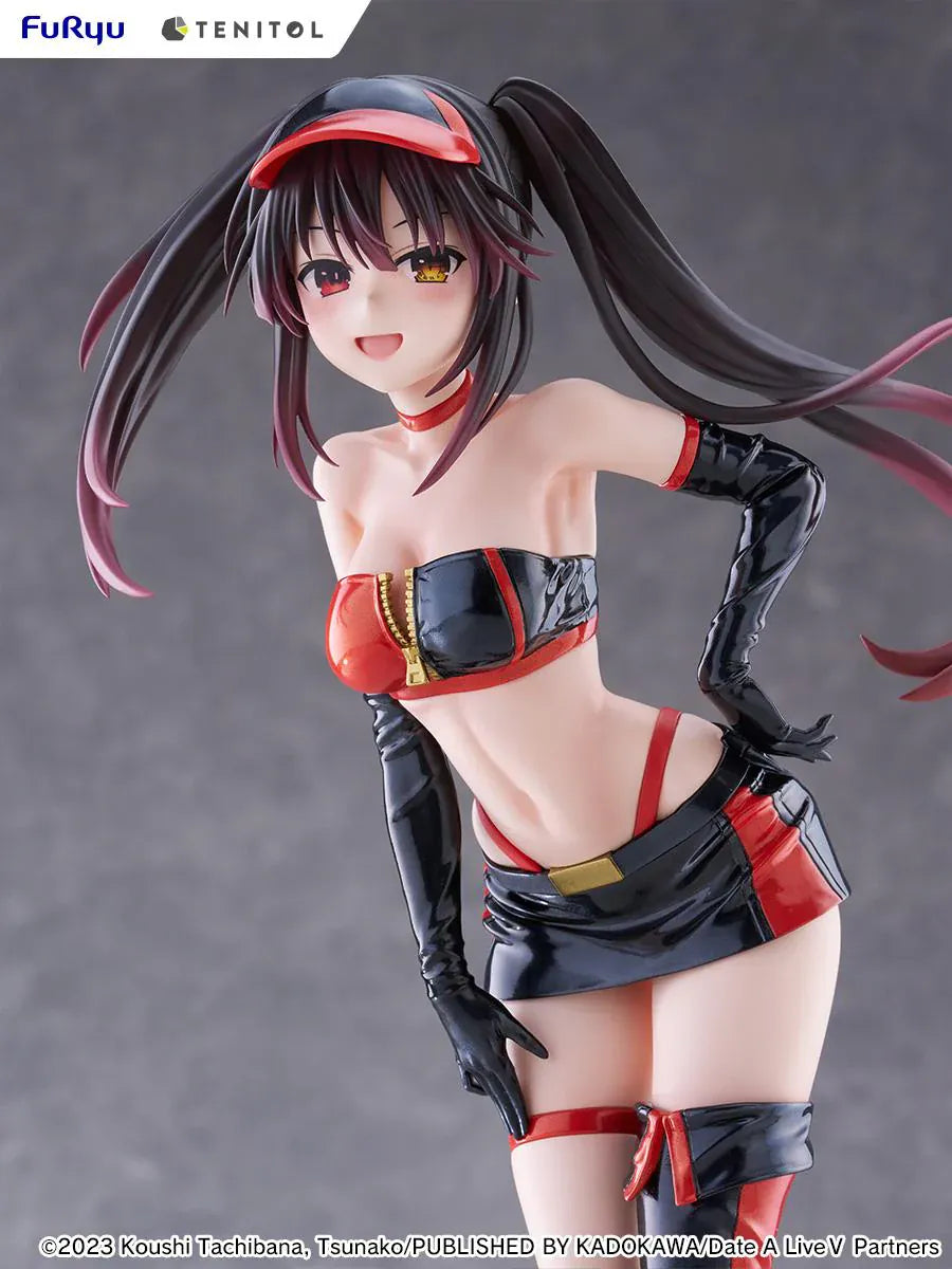 Date A Live V Tenitol Tall Kurumi Tokisaki Race Queen Ver. Figure featuring Kurumi with twin-tail hair, black-and-red race queen outfit, visor, gloves, and thigh-high boot styling.