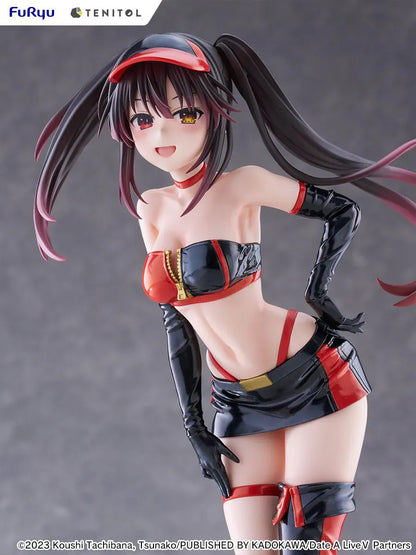 Date A Live V Tenitol Tall Kurumi Tokisaki Race Queen Ver. Figure featuring Kurumi with twin-tail hair, black-and-red race queen outfit, visor, gloves, and thigh-high boot styling.
