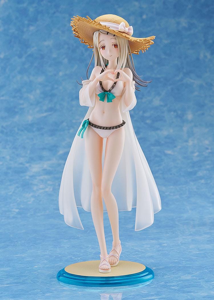 The Idolmaster Gakuen Hiro Shinosawa Swimsuit Ver 1/7 scale figure with straw hat, white swimsuit, and translucent beach cover-up on sand-style base