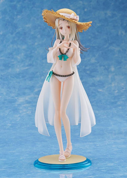 The Idolmaster Gakuen Hiro Shinosawa Swimsuit Ver 1/7 scale figure with straw hat, white swimsuit, and translucent beach cover-up on sand-style base
