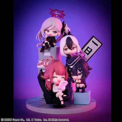 Blue Archive FigUnity Figure featuring multiple chibi-style Blue Archive characters in an office-themed diorama display with furniture, signboard, and colorful effect parts.