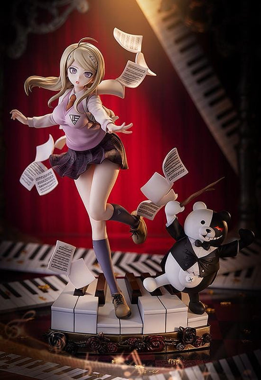 Danganronpa V3 Kaede Akamatsu 1/7 scale figure posed with floating sheet music and Monokuma on an ornate piano-key base.