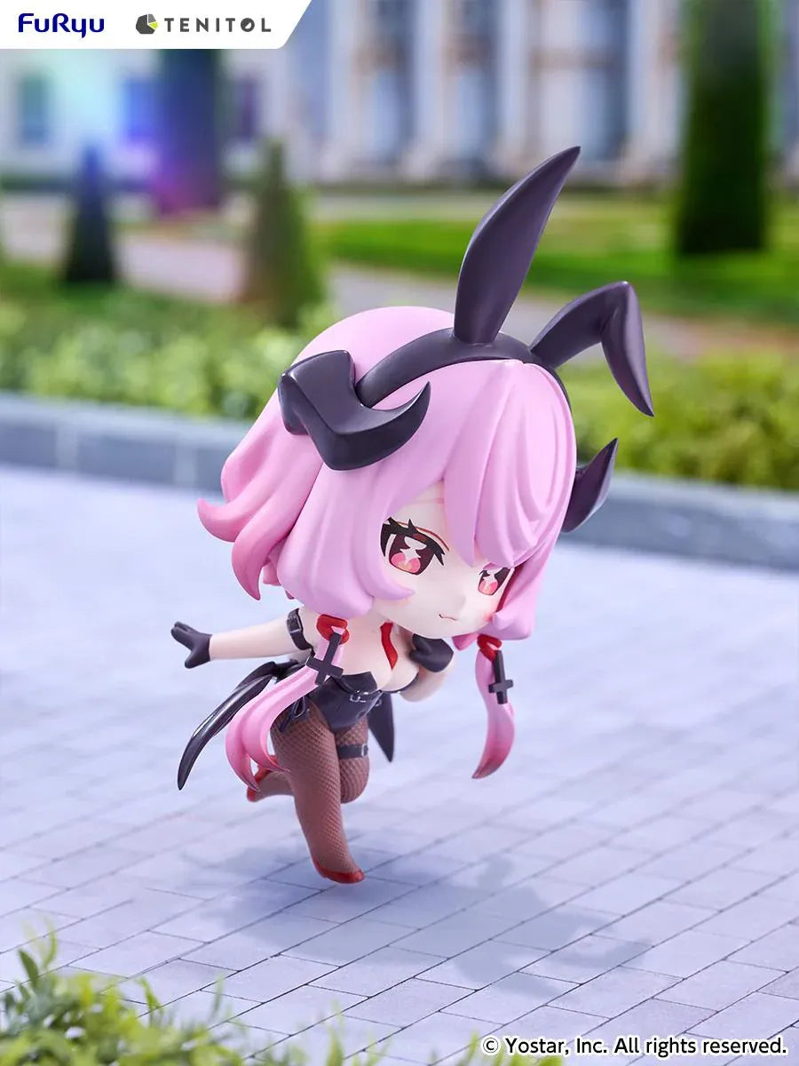 Stella Sora TENITOL Mini Bernina Bunny Figure by FuRyu featuring a pink-haired anime girl with reddish-pink eyes, black bunny ears, a black bunny outfit, fishnet tights, red accents, and bat-like wings in a playful pose.