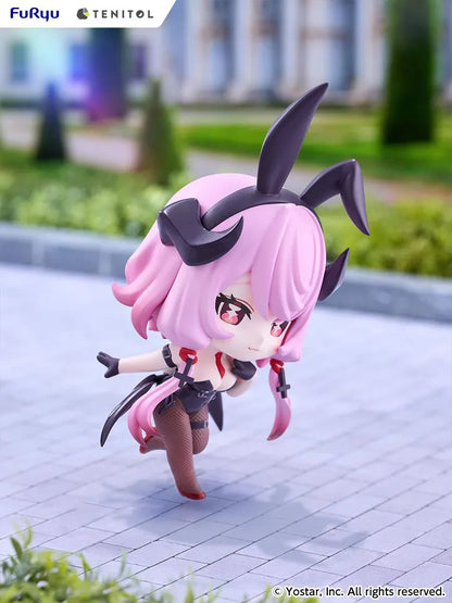 Stella Sora TENITOL Mini Bernina Bunny Figure by FuRyu featuring a pink-haired anime girl with reddish-pink eyes, black bunny ears, a black bunny outfit, fishnet tights, red accents, and bat-like wings in a playful pose.