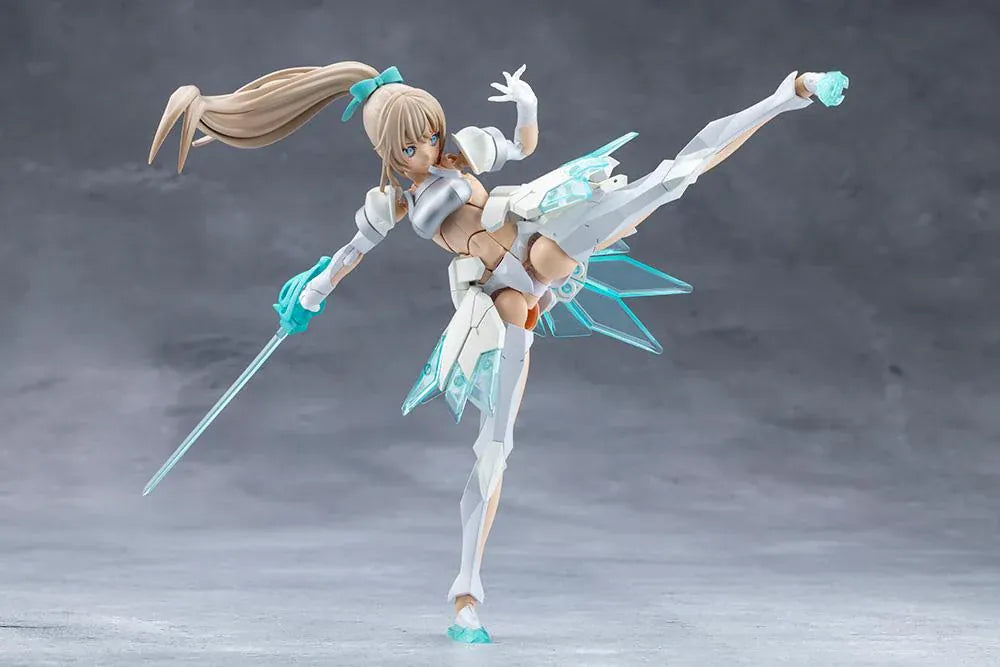 Megalomaria Unlimited Universe Emulator model kit wearing white armor with translucent teal parts and wielding teal weapons.