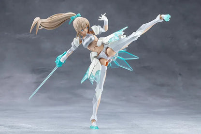 Megalomaria Unlimited Universe Emulator model kit wearing white armor with translucent teal parts and wielding teal weapons.