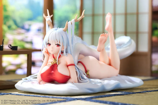 Azur Lane Shimanto 1/7 scale figure reclining on a pale cushion with icy-blue hair, branching horns, a red outfit, and a curling dragon tail.