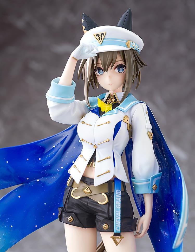 Umamusume Pretty Derby Cheval Grand 1/7 Scale Figure Rerelease featuring Cheval Grand with horse ears, blue-and-white race outfit, starry blue cape, cap, and sporty boots.