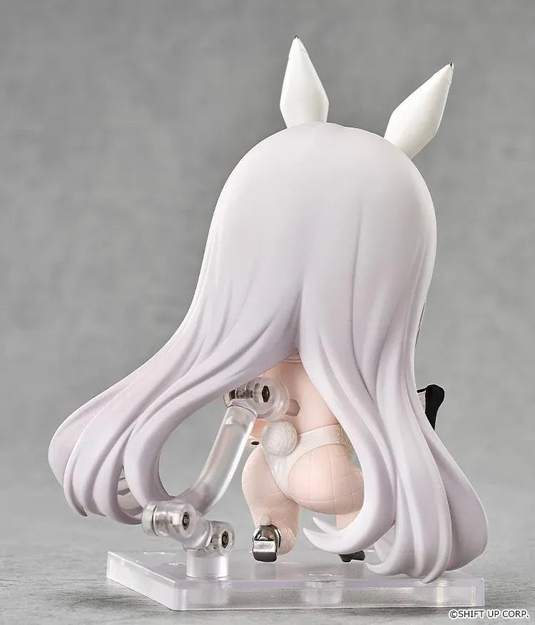 GODDESS OF VICTORY NIKKE Nendoroid Blanc Figure featuring Blanc in a white bunny outfit with long white hair, golden eyes, bunny ears, fishnet stockings, and weapon accessory.