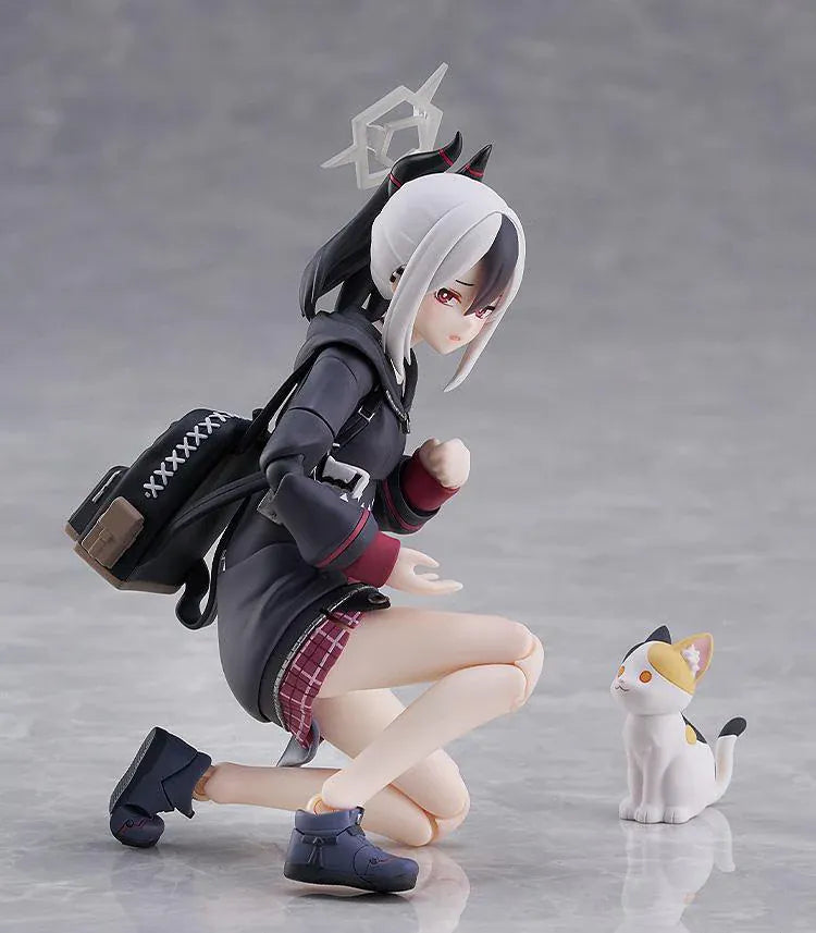 Blue Archive figma Kayoko Onikata Figure with black hoodie, plaid skirt, two-tone hair, halo detail, and tail