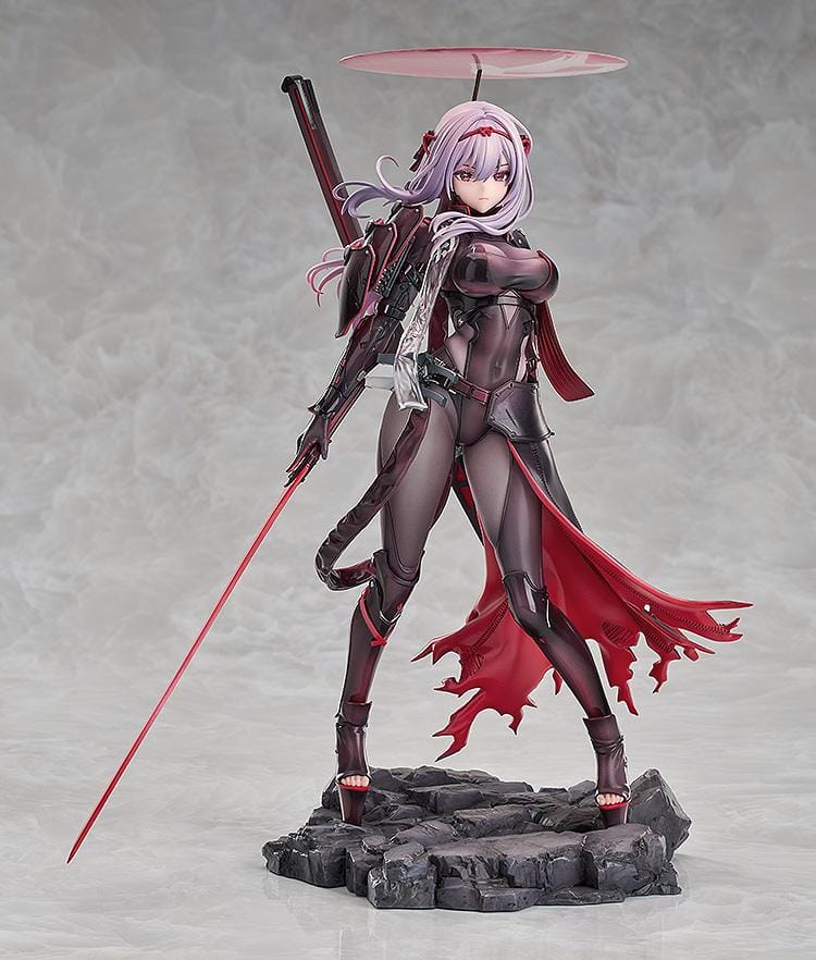 Goddess of Victory: Nikke Scarlet Black Shadow Ver 1/7 scale figure in black and red combat suit holding long blade on rocky base