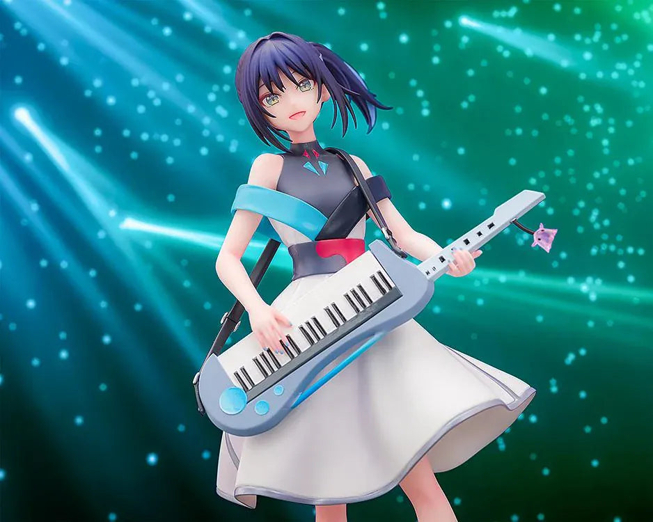 Iroha Sakayori Collaboration Concert Ver. figure with dark purple hair, holding a blue-gray keytar and wearing a white dress with turquoise and black accents.