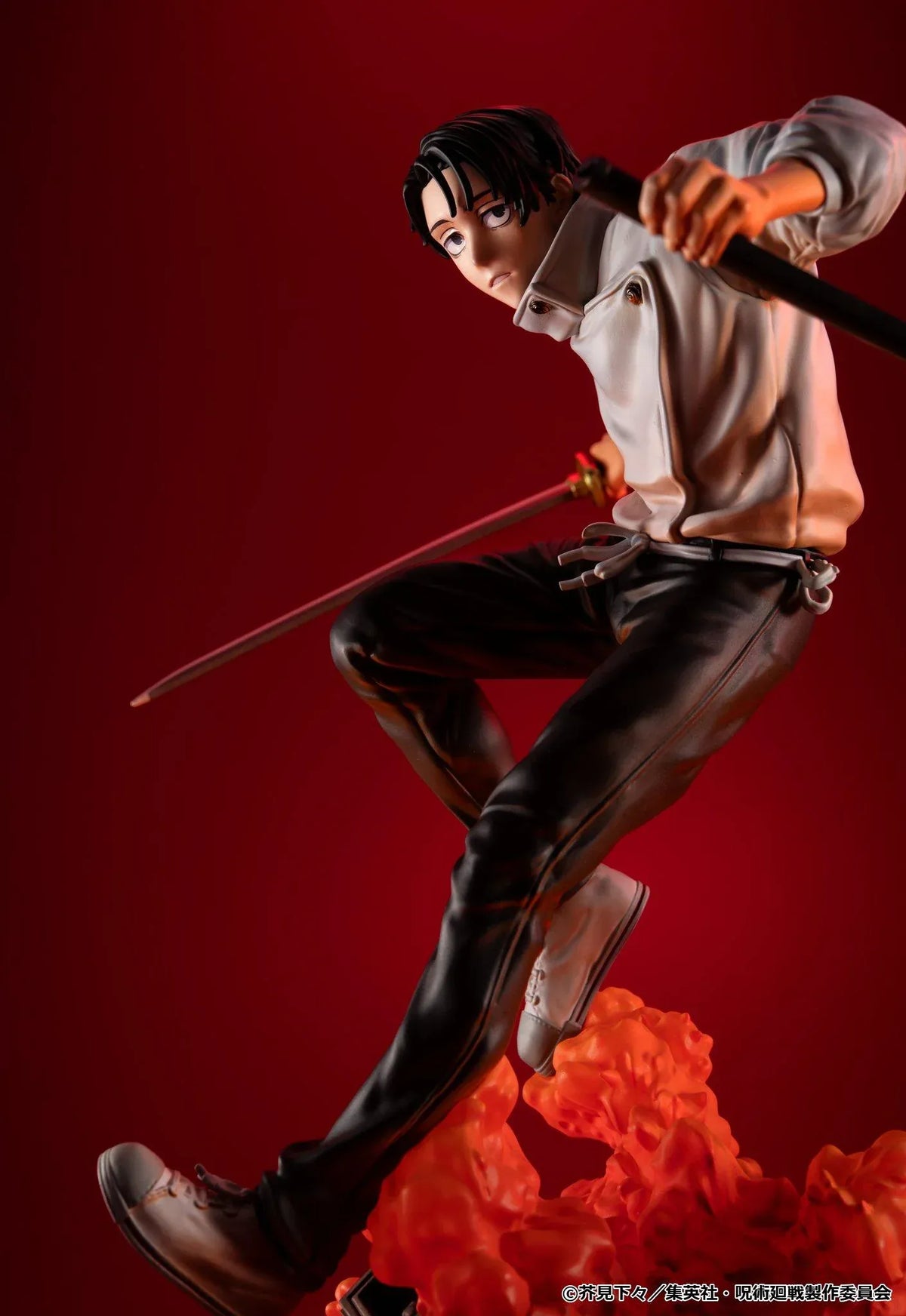 Jujutsu Kaisen Yuta Okkotsu The Culling Game figure in an airborne sword pose, wearing a white jacket and black trousers above an orange effect base.