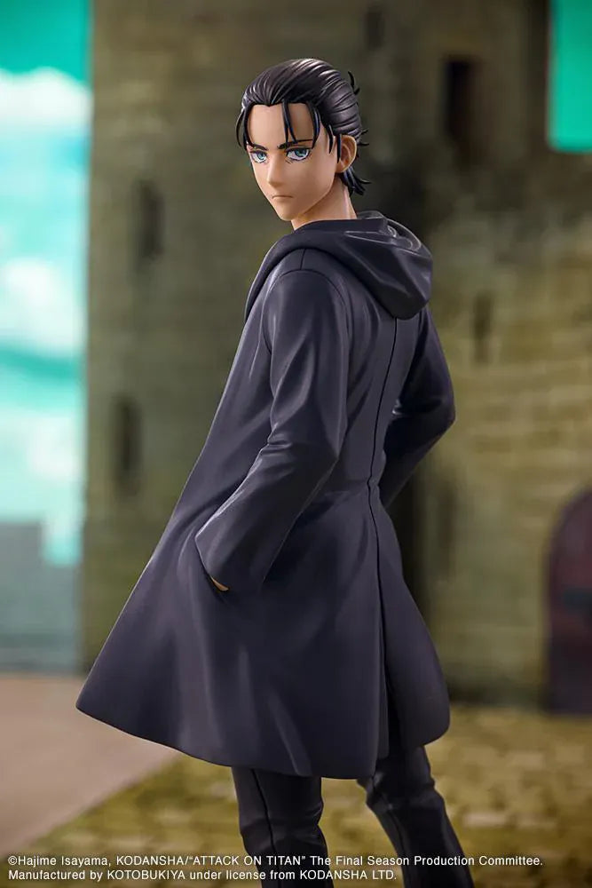 Attack on Titan Oshi Works Eren Yeager The Final Season Ver. Figure featuring Eren with slicked-back hair, dark coat, serious expression, and display base.