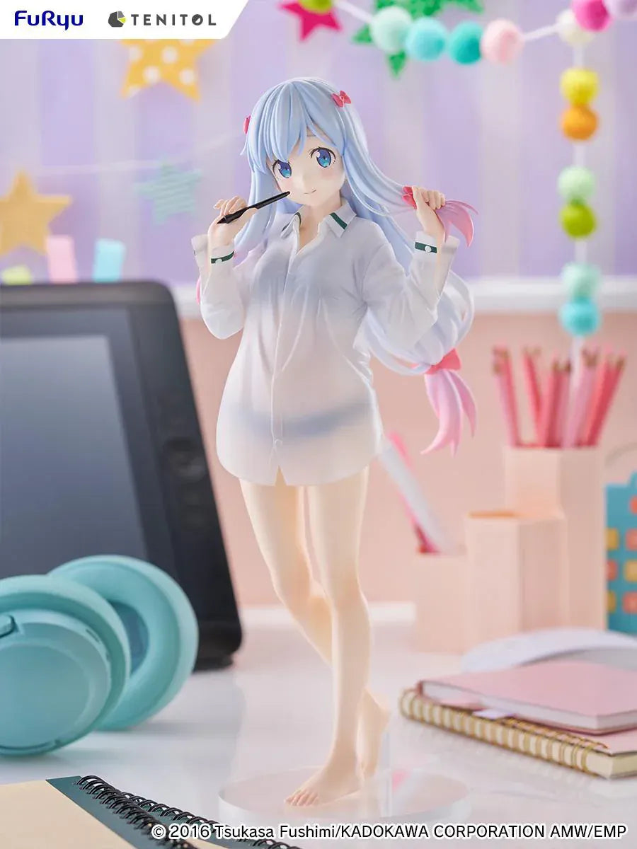 Eromanga Sensei Tenitol Tall Sagiri Izumi (Shirt Ver.) Figure by FuRyu, featuring Sagiri holding a pen while wearing a translucent oversized shirt and smiling softly.