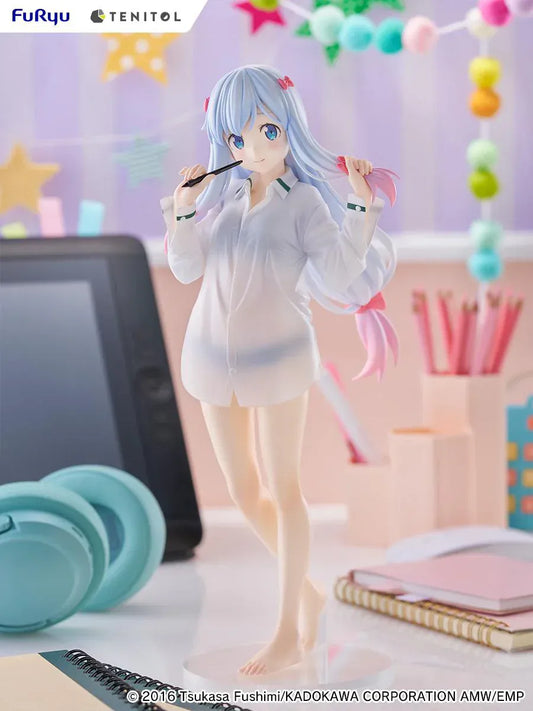Eromanga Sensei Tenitol Tall Sagiri Izumi (Shirt Ver.) Figure by FuRyu, featuring Sagiri holding a pen while wearing a translucent oversized shirt and smiling softly.