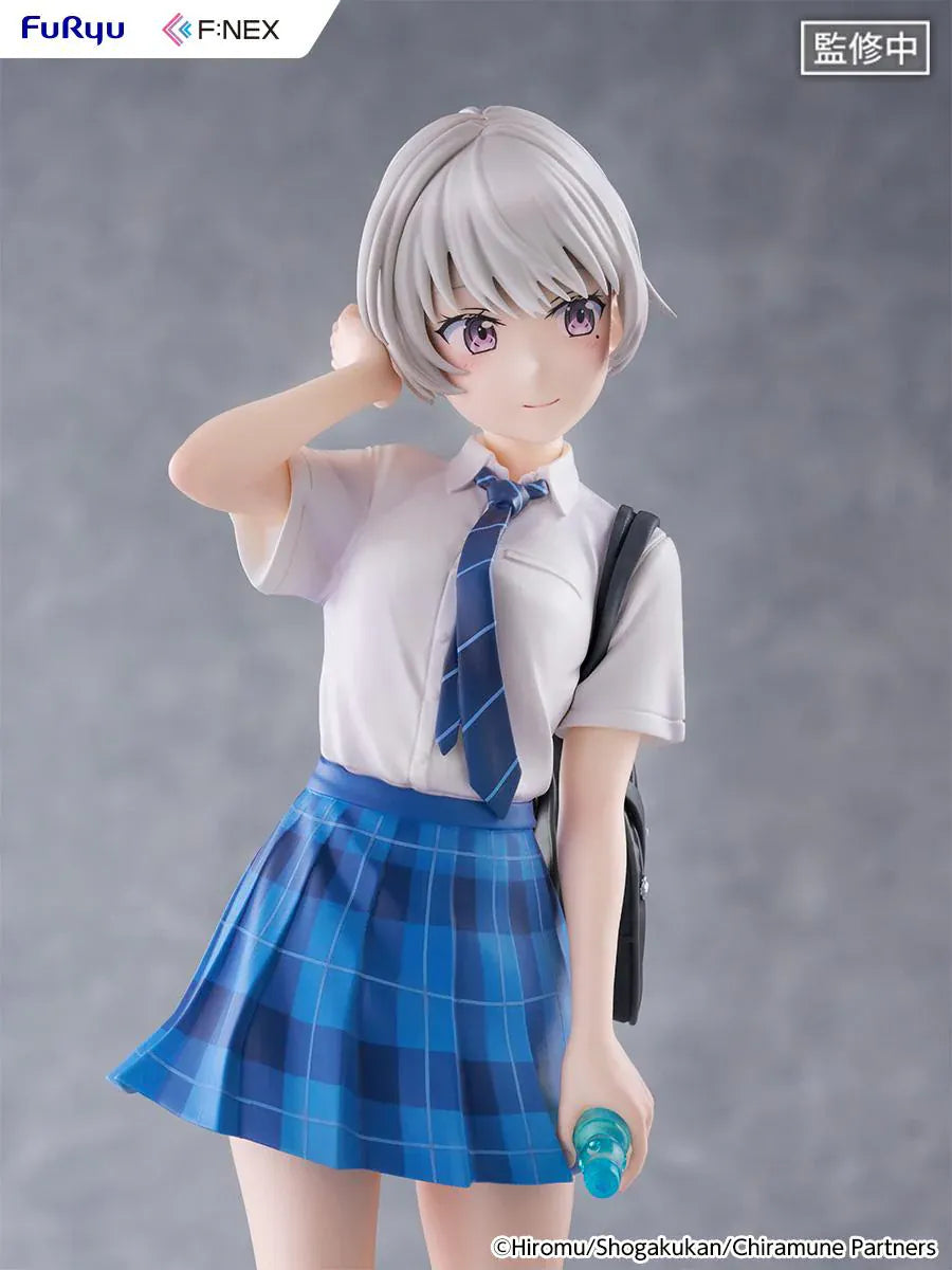 Chitose Is in the Ramune Bottle Asuka Nishino 1/7 Scale Figure with short silver hair, blue plaid skirt, school uniform outfit, backpack, drink bottle accessory, and display base