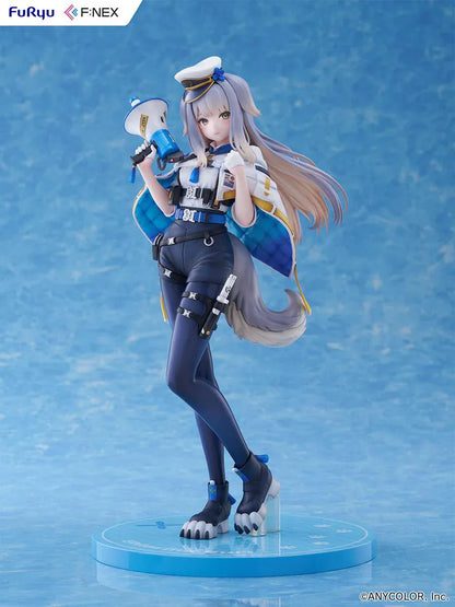 Nijisanji Ruri Shioriha 1/7 scale figure featuring megaphone accessory, silver hair, and detailed blue-and-white outfit