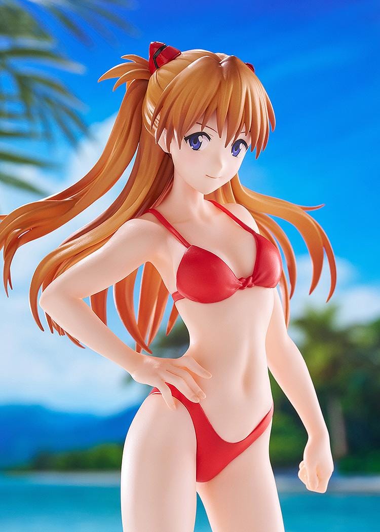 Rebuild of Evangelion POP UP PARADE BEACH QUEENS Asuka Shikinami Langley Bikini Style L Size Figure featuring Asuka with orange hair, blue eyes, and a red bikini.