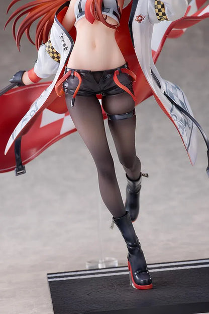 STEINS;GATE Kurisu Makise Racing Ver. set featuring a 1/7 scale figure on a road-inspired base and a matching seated plushie, both with red flags.