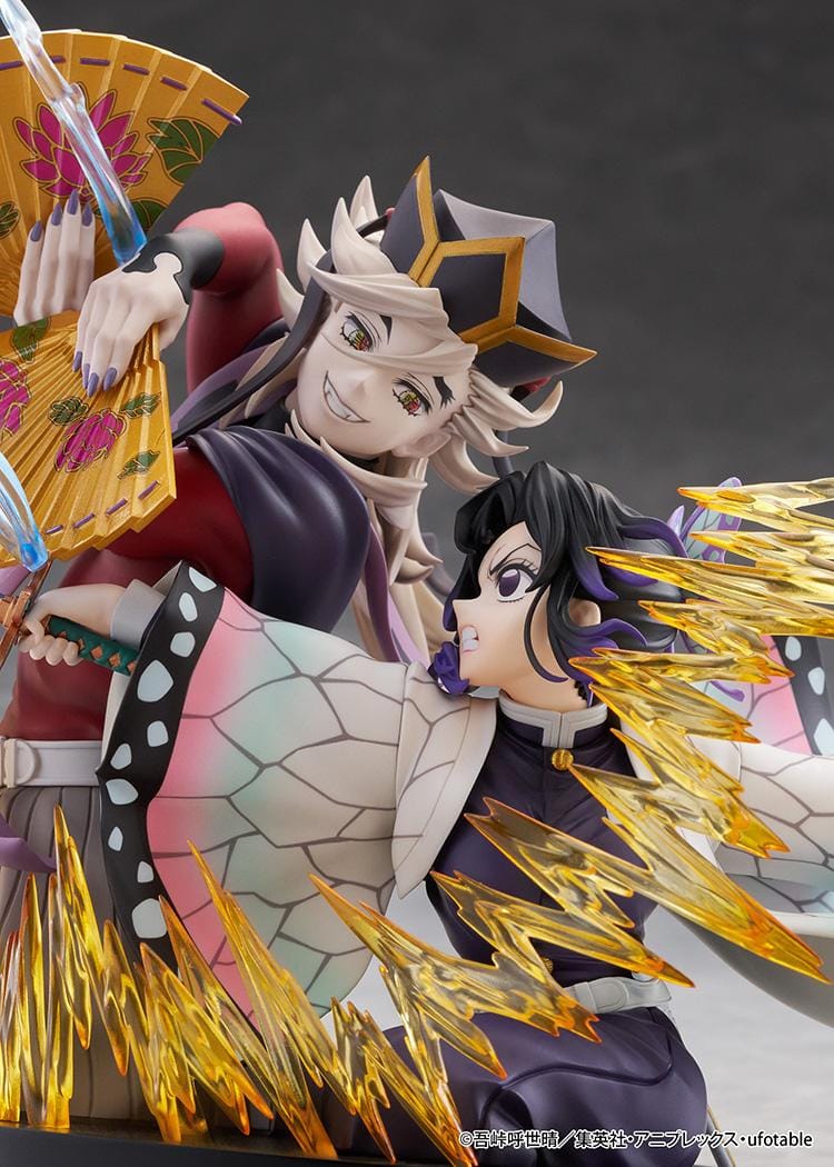 Demon Slayer Kimetsu no Yaiba Shinobu Kocho and Doma Non-Scale Figure with battle pose, translucent attack effects, fan accessory, and display base