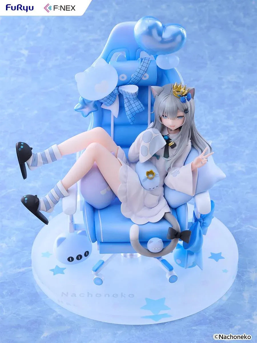 Nachoneko Birthday Ver. 1/7 Scale Figure by FuRyu F featuring a silver-haired cat girl with a golden crown relaxing in a blue gaming chair decorated with balloons, ribbons, and cat accessories.