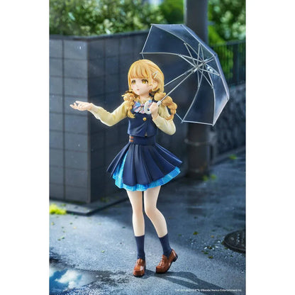 Gakuen iDOLM@STER Kotone Fujita Ameagari no Iris Before Special Training Ver. 1/7 Scale Figure featuring a blonde-haired anime girl with twin braids wearing a navy-blue school uniform and holding a transparent umbrella on a yellow display base.