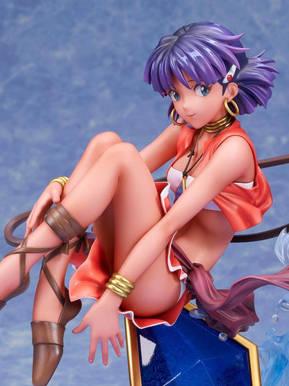 Nadia 1/7 scale figure in a red outfit with purple hair, a white lion companion, flowing ribbons, and swirling blue water effects.