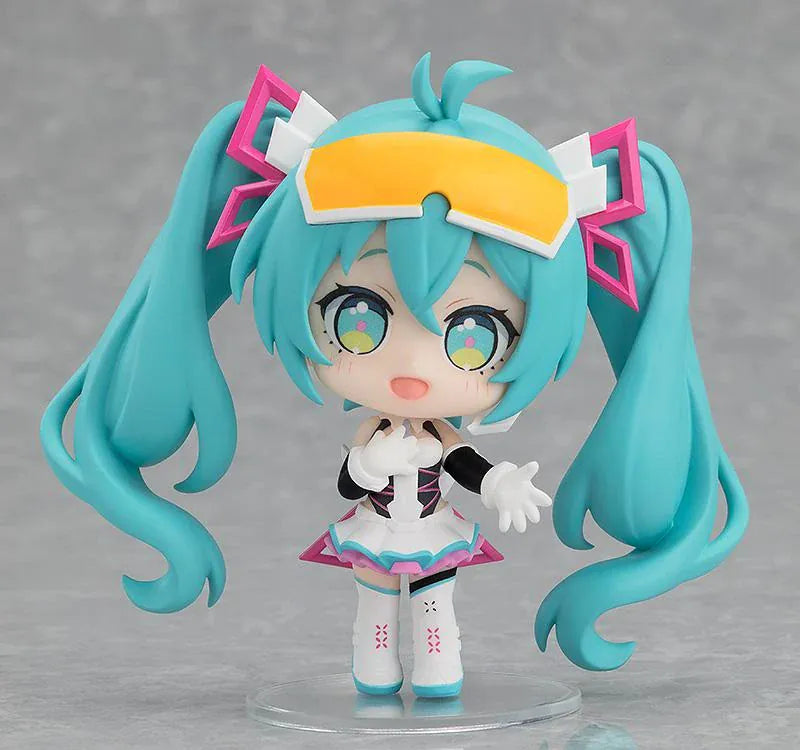 Eight featured Racing Miku All Stars Vol.2 chibi figure designs with turquoise twin-tails, varied outfits, crowns, flowers, goggles, and playful poses.