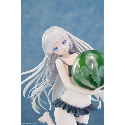 Summer Pockets REFLECTION BLUE Shiroha Naruse 1/6 scale figure wearing a black swimsuit and holding a watermelon on a beach-themed base.