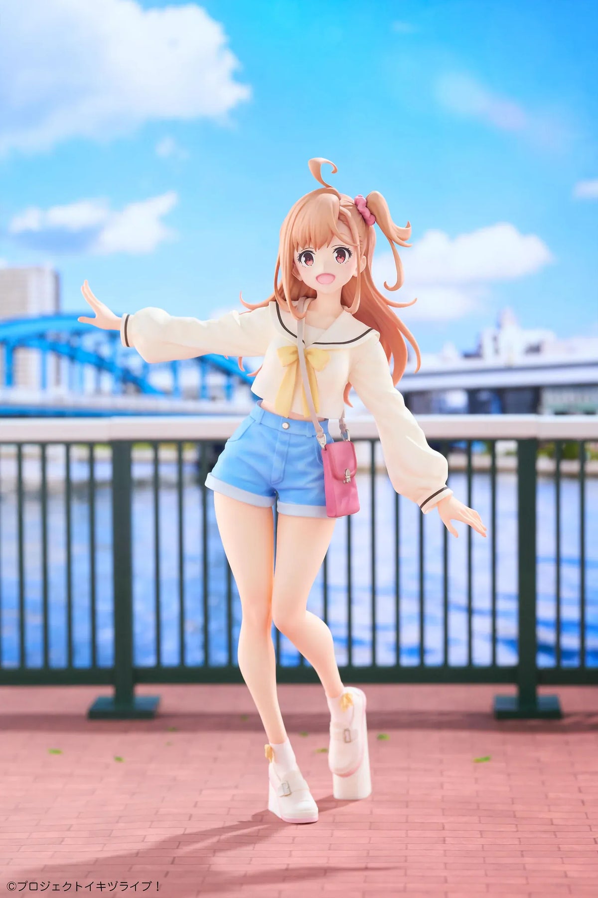 Polka Takahashi 1/7 scale figure with orange hair, a white sailor-style top, blue shorts, and a pink shoulder bag, posed on a yellow base.