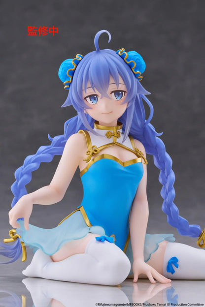 Mushoku Tensei Desktop Cute Roxy Migurdia Chinese Dress Ver. figure seated in a blue-and-gold dress with long braided hair.