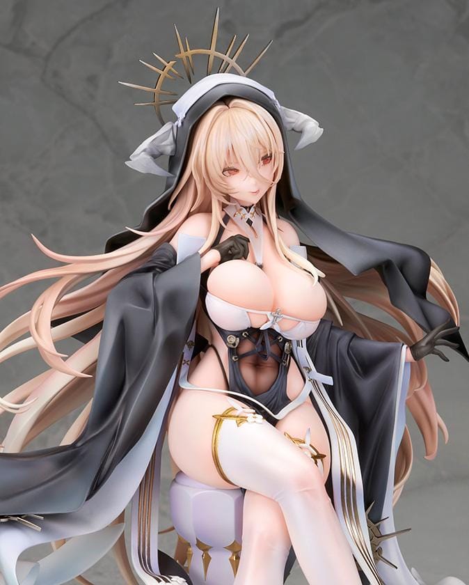 Azur Lane Implacable Special Ver. 1/7 Scale Figure with long blonde hair, black-and-white outfit, gold accents, halo headpiece, and clear display base