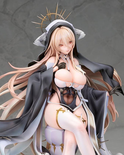 Azur Lane Implacable Special Ver. 1/7 Scale Figure with long blonde hair, black-and-white outfit, gold accents, halo headpiece, and clear display base