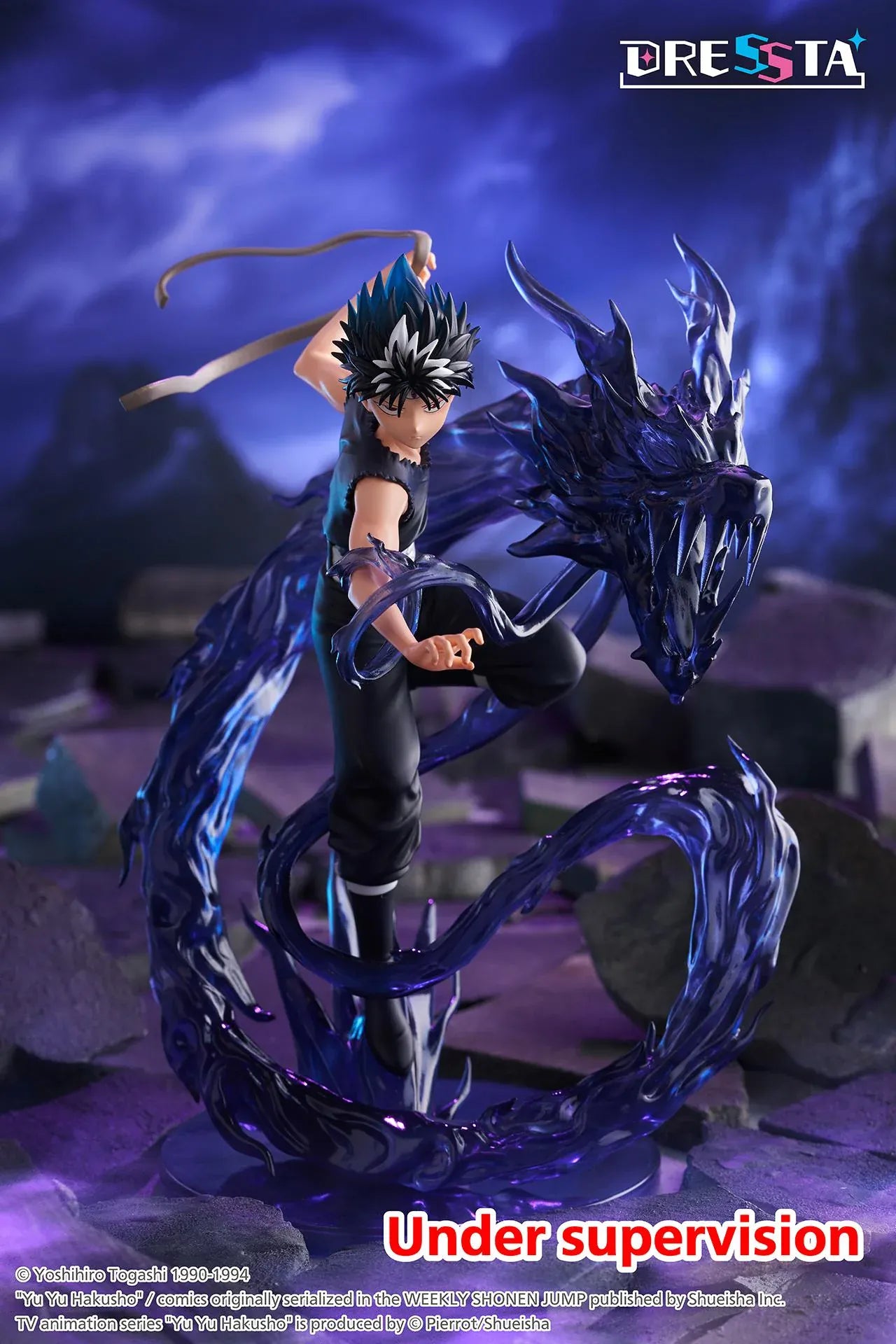 Yu Yu Hakusho Dressta Hiei Figure with black outfit, spiked hair, battle pose, and dark dragon energy effect